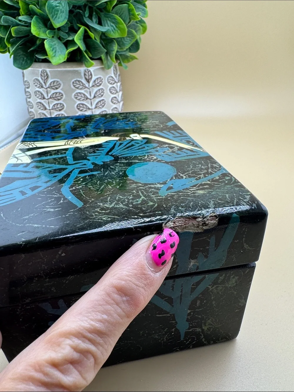 Vintage Hand Painted Wooden Jewelry Box Blue Black Asian Art Trinket Box